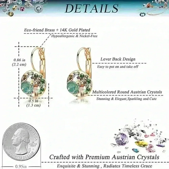 Multicolored Austrian Crystal Leverback Earrings for Women 14K Gold - Picture 4 of 6